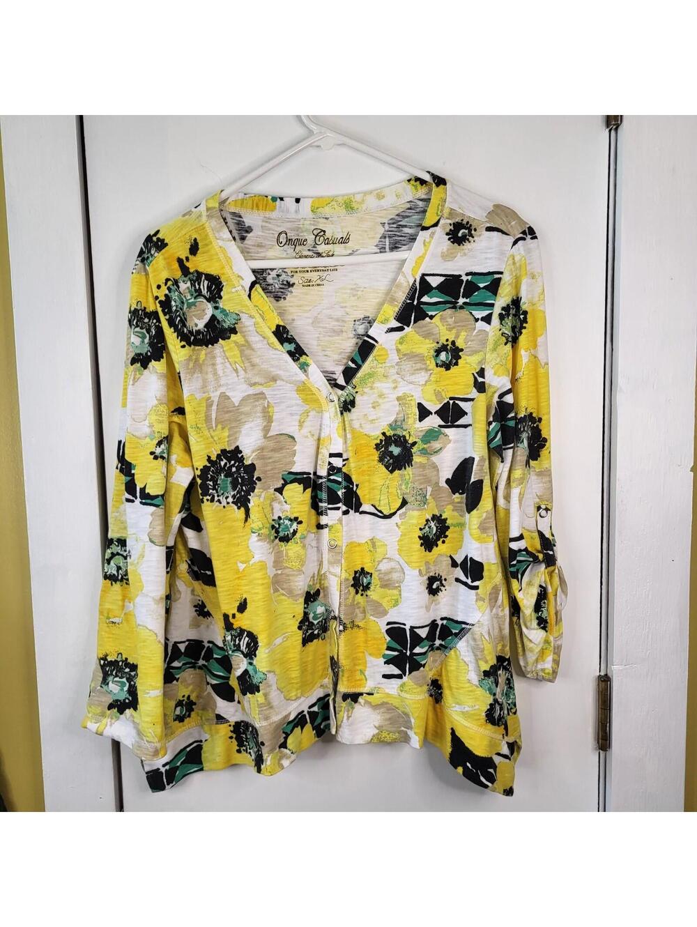 Onque Casuals women's floral blouse  a vibrant yellow, black, and white pattern